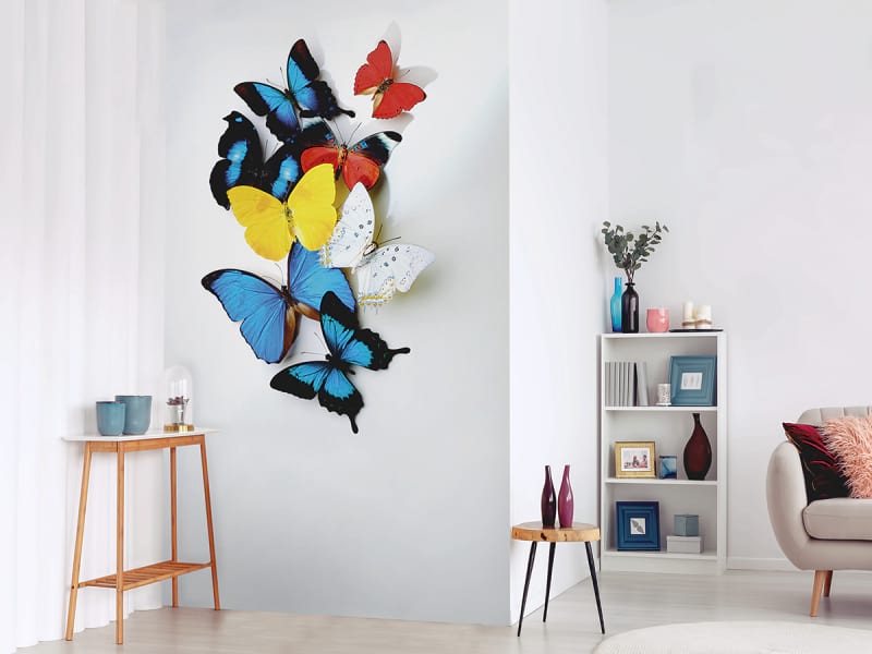 Фотообои Разноцветные бабочки в интерьере гостиной
