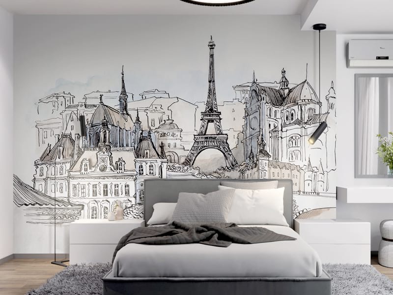 Фотообои Париж рисунок в интерьере спальни