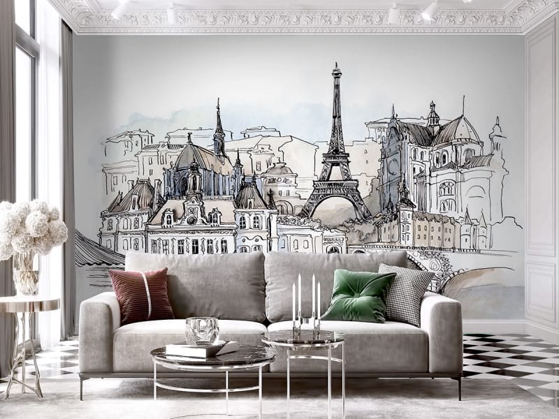 Фотообои Париж рисунок в интерьере гостиной