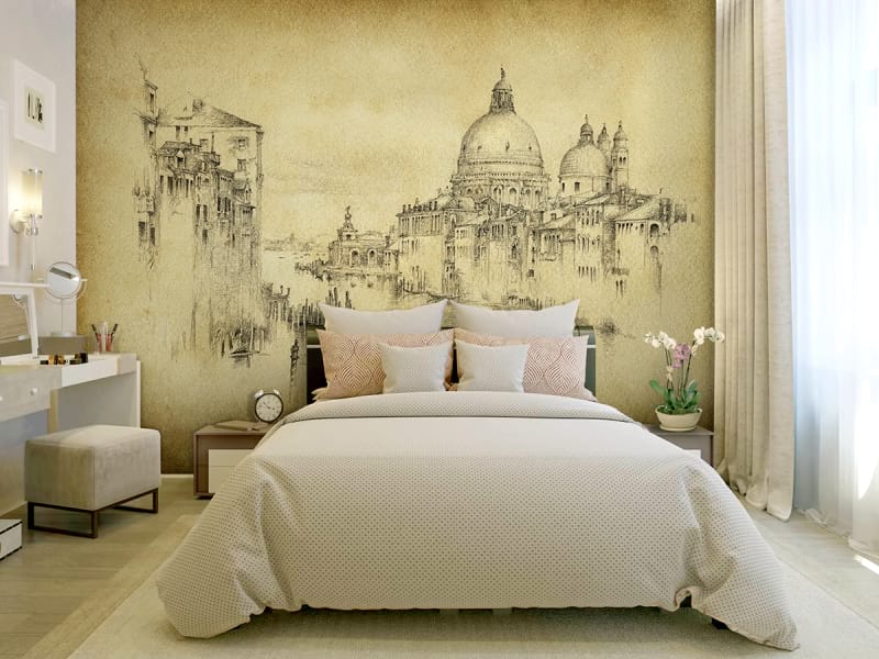 Фотообои Рисунок Венеции в интерьере спальни