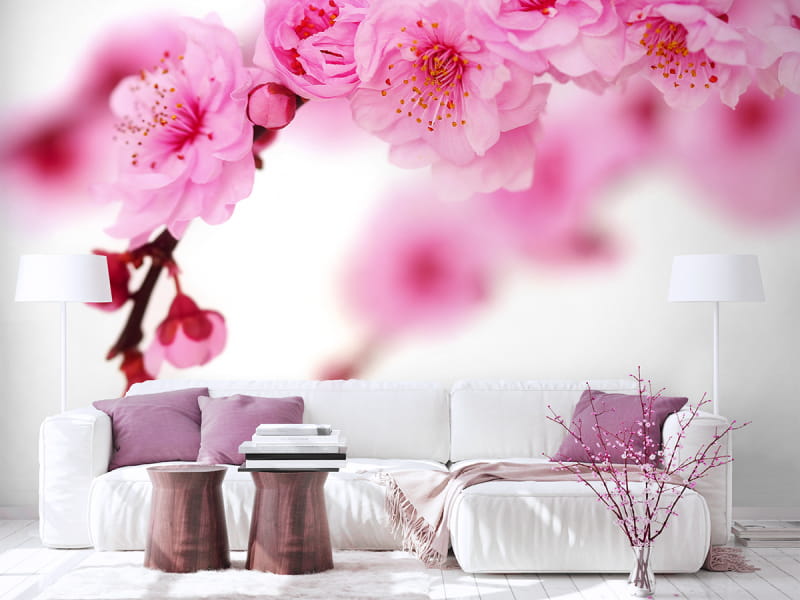 Фотообои Цветущая сакура в интерьере гостиной