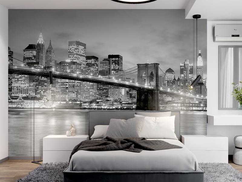 Фотообои Мост в Нью-Йорке в интерьере спальни