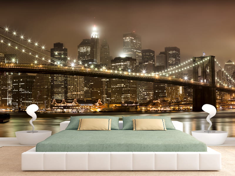 Фотообои Бруклинский мост в интерьере спальни