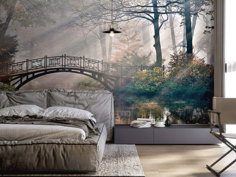 Фотообои Осенний парк в интерьере спальни