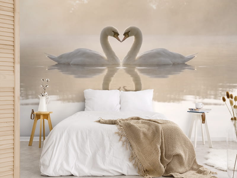 Фотошпалери Два лебедя в інтер'єрі спальні