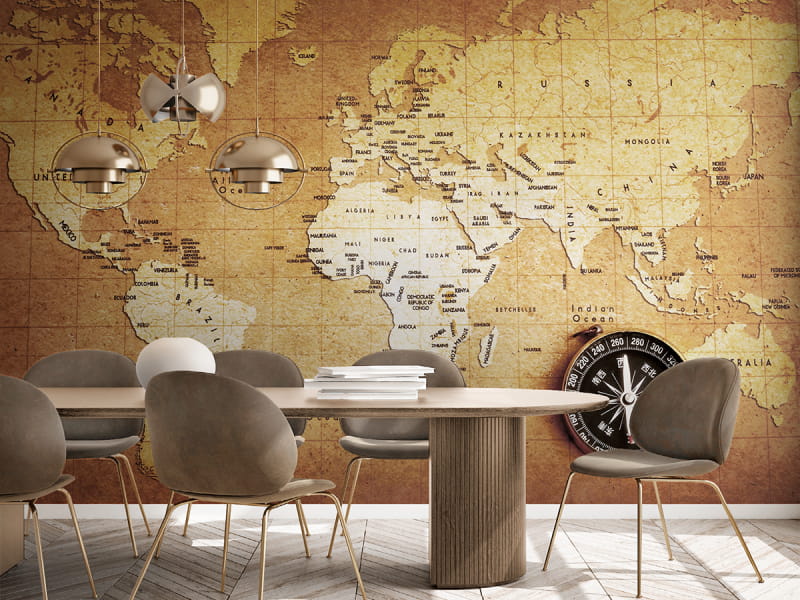 Фотошпалери Карта світу та компас в інтер'єрі офісу