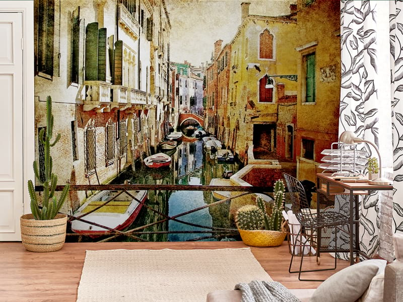 Фотообои Лодочки в Венеции в интерьере гостиной