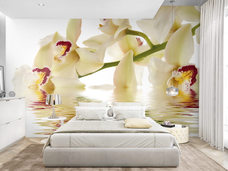 Фотообои Цветы в воде в интерьере спальни