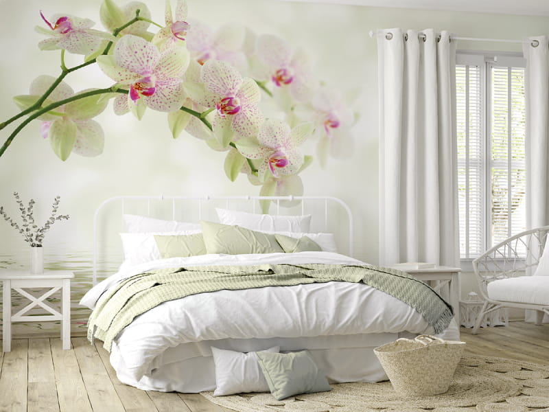 Фотообои Белые орхидеи в интерьере спальни
