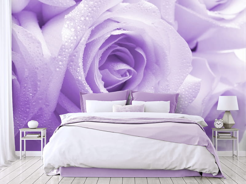 Фотошпалери Фіолетові троянди в інтер'єрі спальні