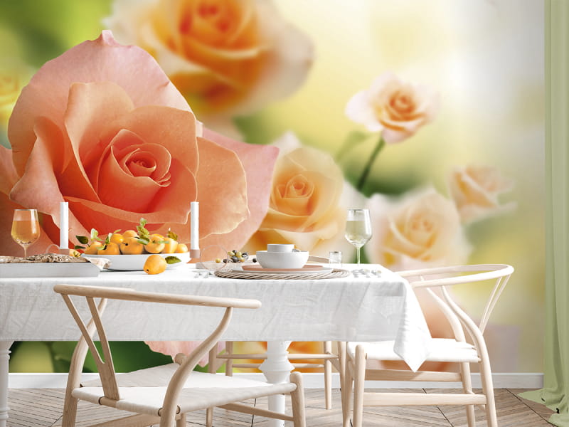 Фотообои Чайные розы в интерьере кухни