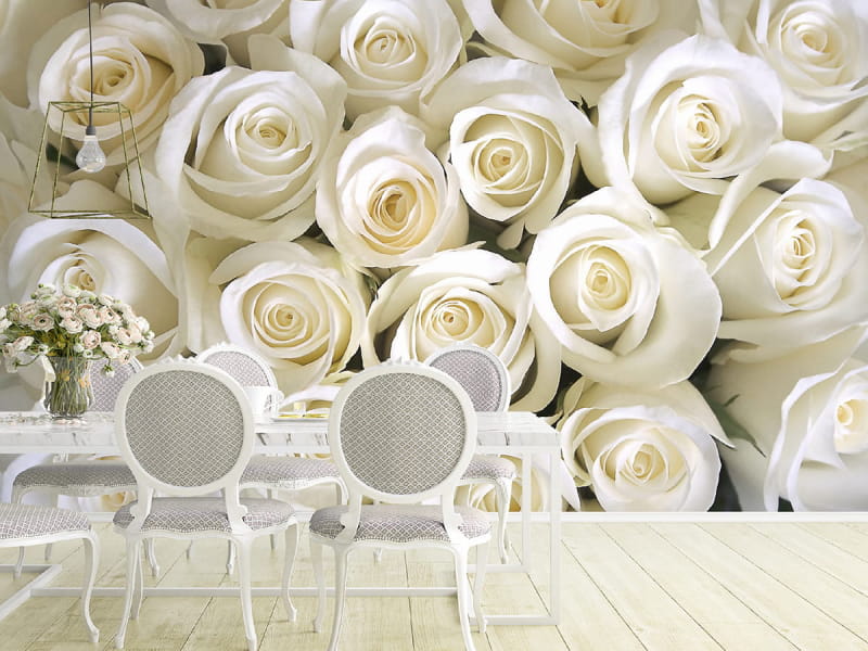 Фотообои Белые розы в интерьере кухни