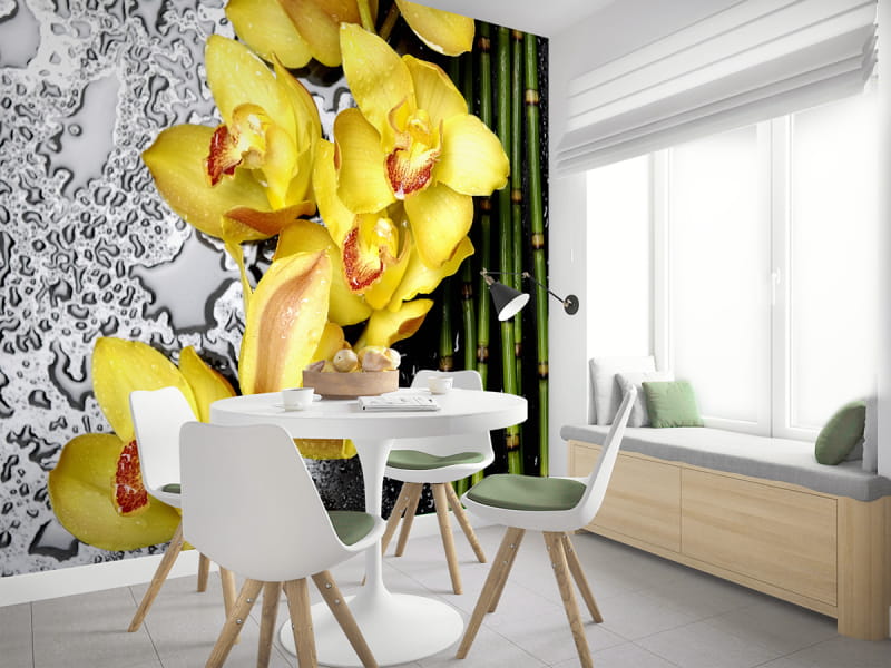 Фотошпалери Орхідея і бамбук в інтер'єрі кухні