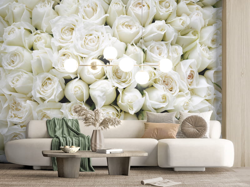 Фотообои Букет белых роз в интерьере гостиной