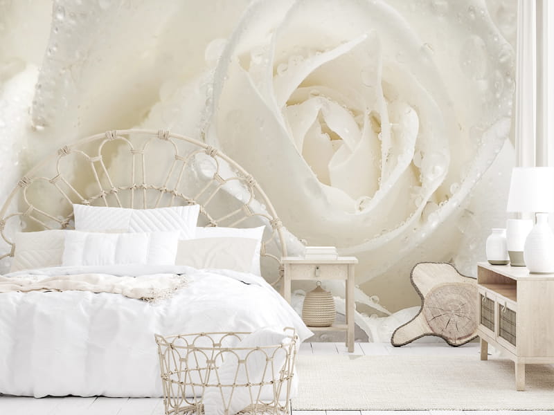 Фотообои Роза с каплями в интерьере спальни