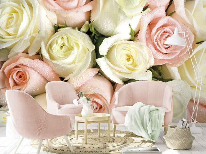 Фотообои Светлые розы в интерьере гостиной
