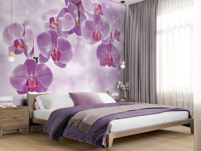 Фотообои Розовая орхидея в интерьере спальни