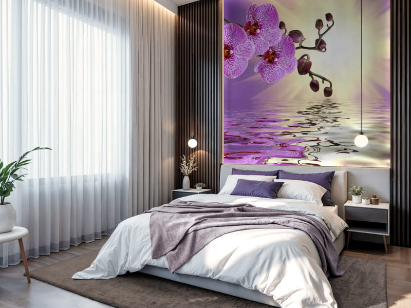 Фотошпалери Світло-рожева орхідея в інтер'єрі спальні