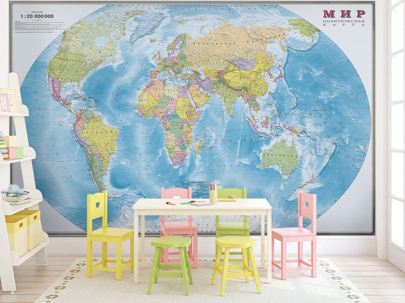 Фотообои Карта мира на русском в интерьере детской