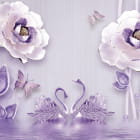 Превью фотоошпалер Пурпурні квіти з лебедями 3Д