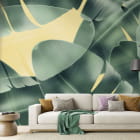 Мініатюра фотошпалер Листя на жовтому фоні в інтер'єрі вітальні