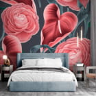 Миниатюра фотообоев Живописные розовые пионы в интерьере спальни