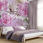 Мініатюра фотошпалер Ніжні півонії 3Д в інтер'єрі спальні