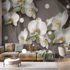 Миниатюра фотообоев Белые орхидеи 3Д в интерьере гостиной
