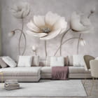 Мініатюра фотошпалер Білі маки 3Д в інтер'єрі вітальні