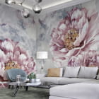 Мініатюра фотошпалер Півонії ніжні в інтер'єрі вітальні