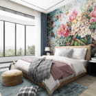 Мініатюра фотошпалер Півонії, акварель в інтер'єрі спальні