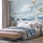 Мініатюра фотошпалер Квітуча біла магнолія 3Д в інтер'єрі спальні