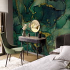 Миниатюра фотообоев Зеленая акварель в интерьере спальни