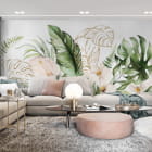 Миниатюра фотообоев Зеленая листва, акварель в интерьере гостиной