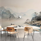 Миниатюра фотообоев Река среди гор, акварель в интерьере кухни